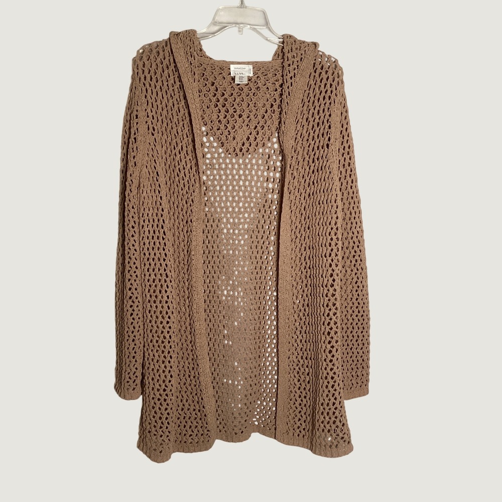Artelier Nicole Miller Crochet Hooded Cardigan Womens M Tan Boho Mesh Longline